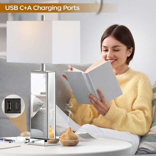 Table Lamp Set of 2 Touch Control Silver Mirror Crystal with USB C+A Ports 3-Way Dimmable White Fabric Shade Z129060