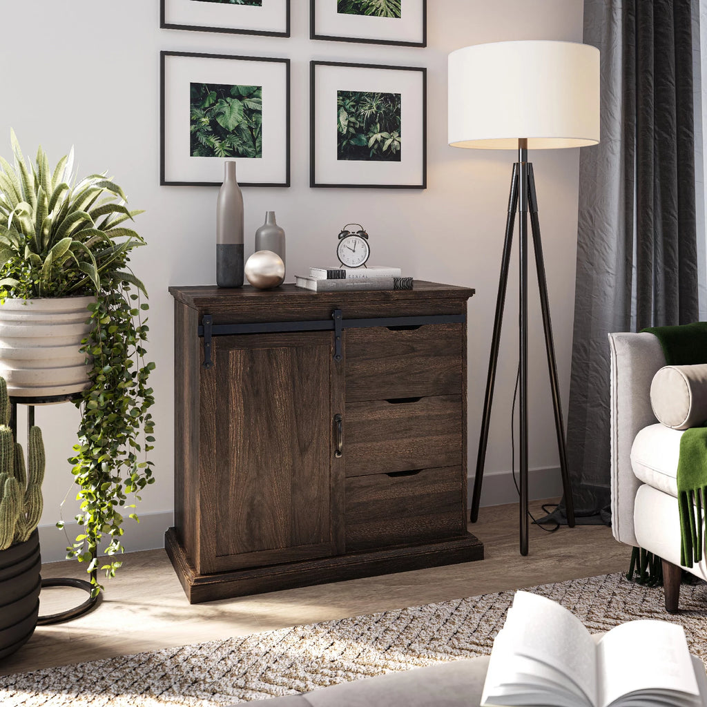 Modern Farmhouse Buffet Table with Sliding Barn Door, Three Drawers & Two Shelves O2060