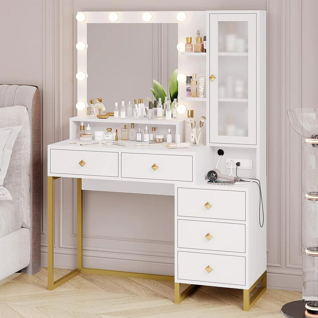 White Makeup Vanity with Lights and 5 Drawers F23083