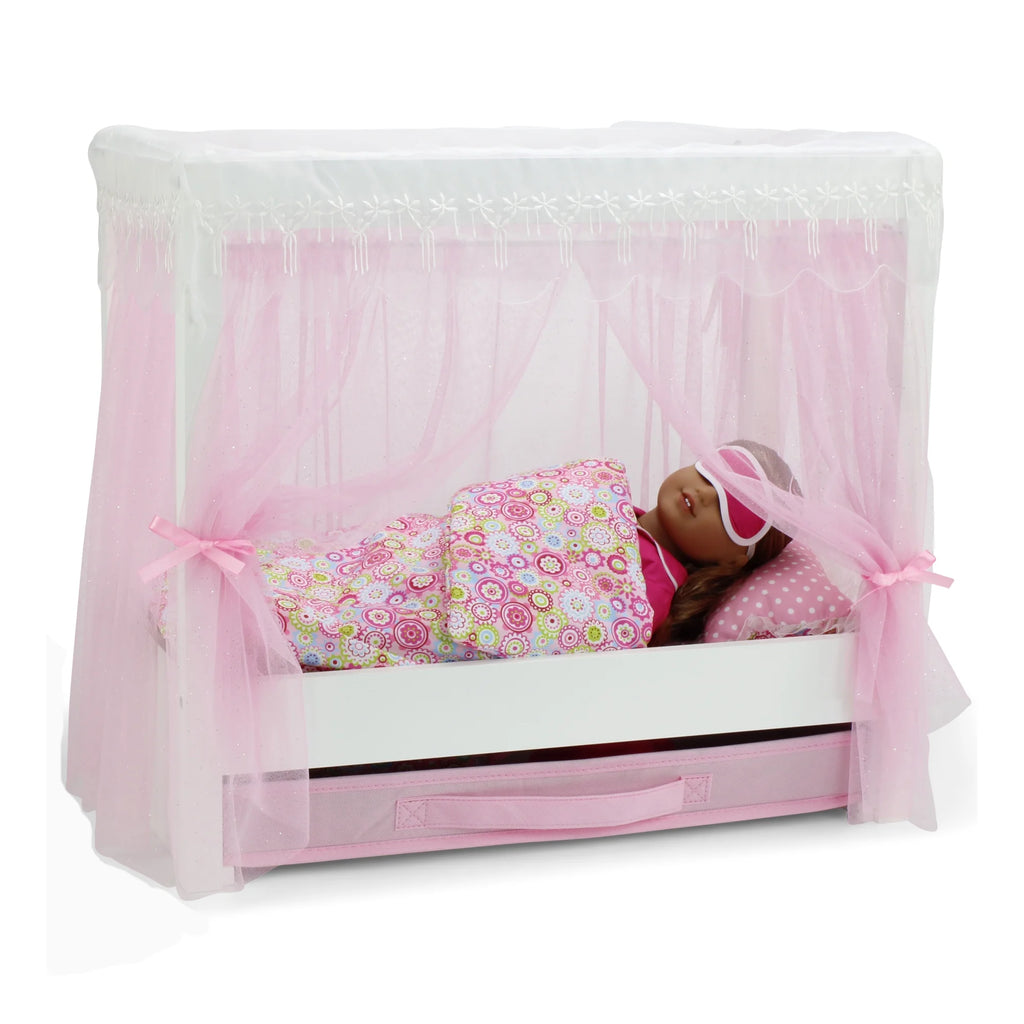 18 Inch Doll Canopy Single Bed with Doll Clothes Storage Drawer and 5 Piece Colorful Bedding Set W671960