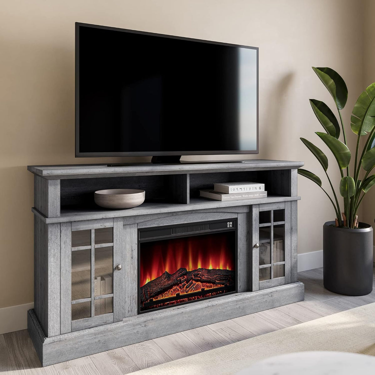 Rustic Electric Fireplace TV Stand with Open Storage Shelves & Cabinets R865