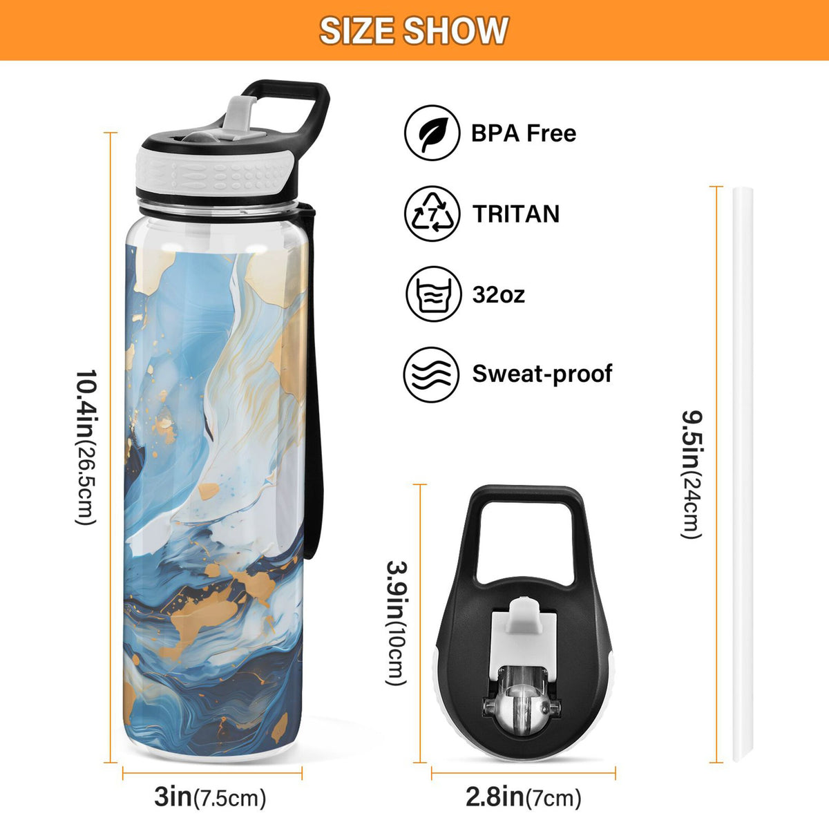 Marble Blue and Gold 32oz Tritan Leakproof Water Bottle with Straw Y246