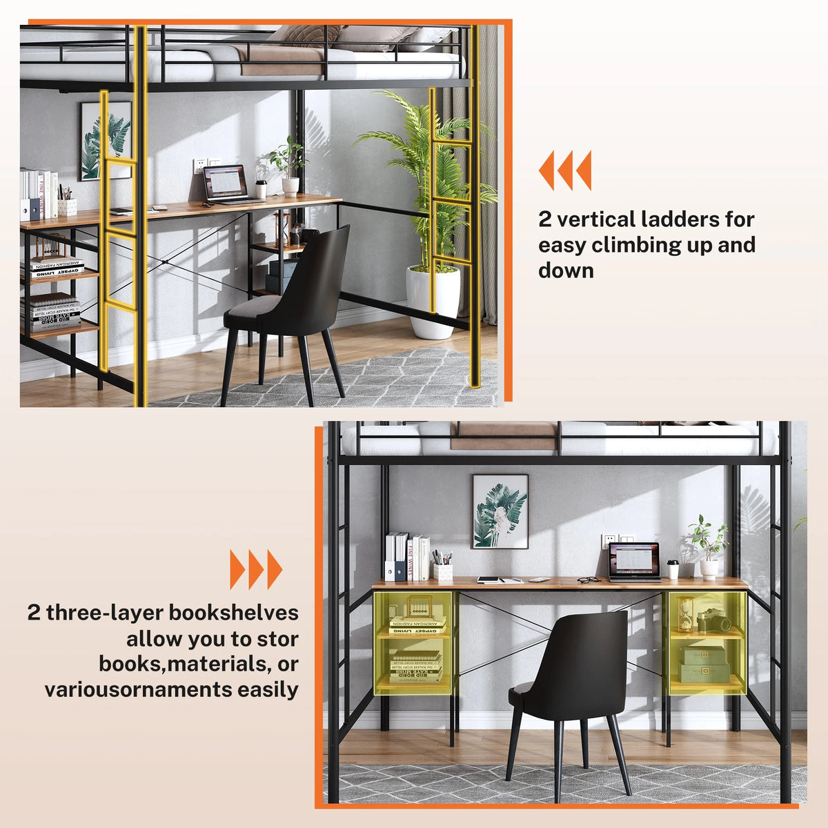 Black Twin Metal Loft Bed with Desk and 4 Shelves T685