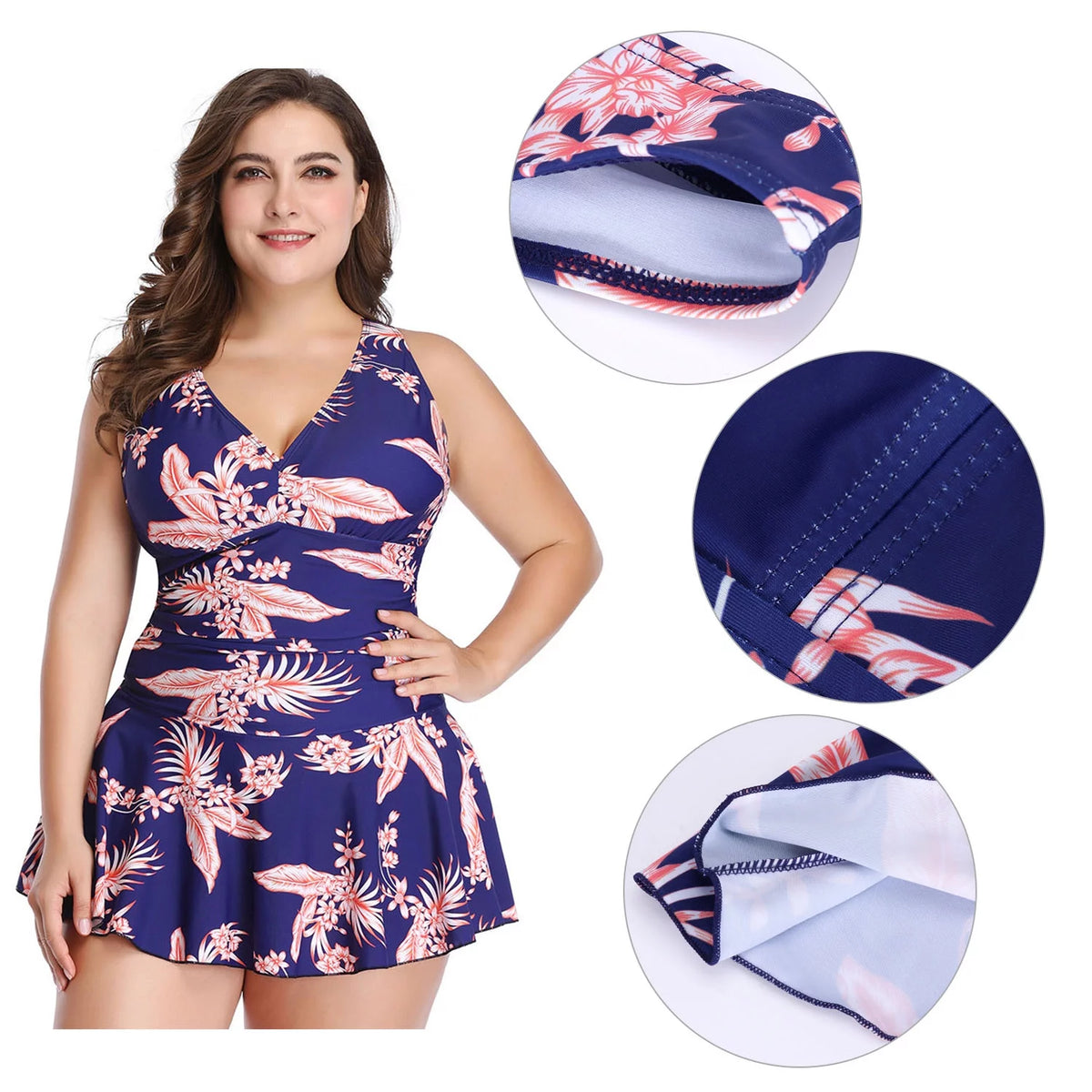 Plus-Size Flower Printing One Piece Swim Dress Tummy Control Swimsuit V465