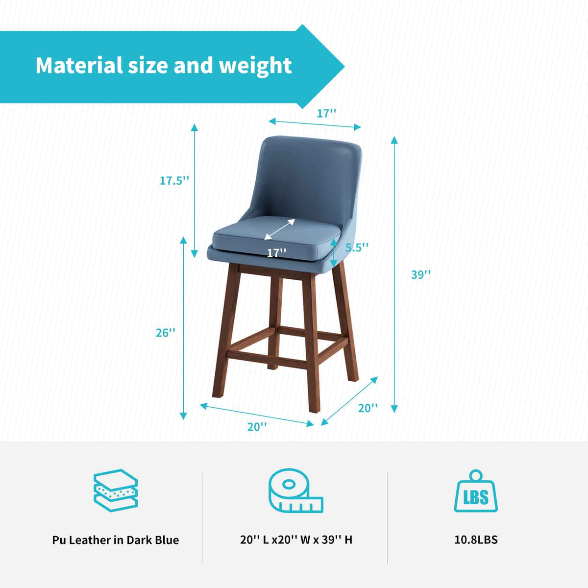 Blue 26" H Swivel Bar Stools Set of 2 with Back, Solid Wood Legs O4451