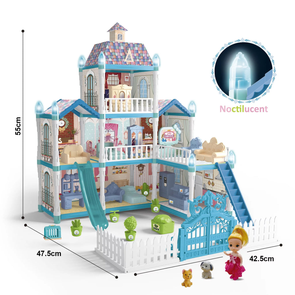 8 Room Dollhouse Play Set with Slide Doll and Furniture Accessories, 191 Pcs F870