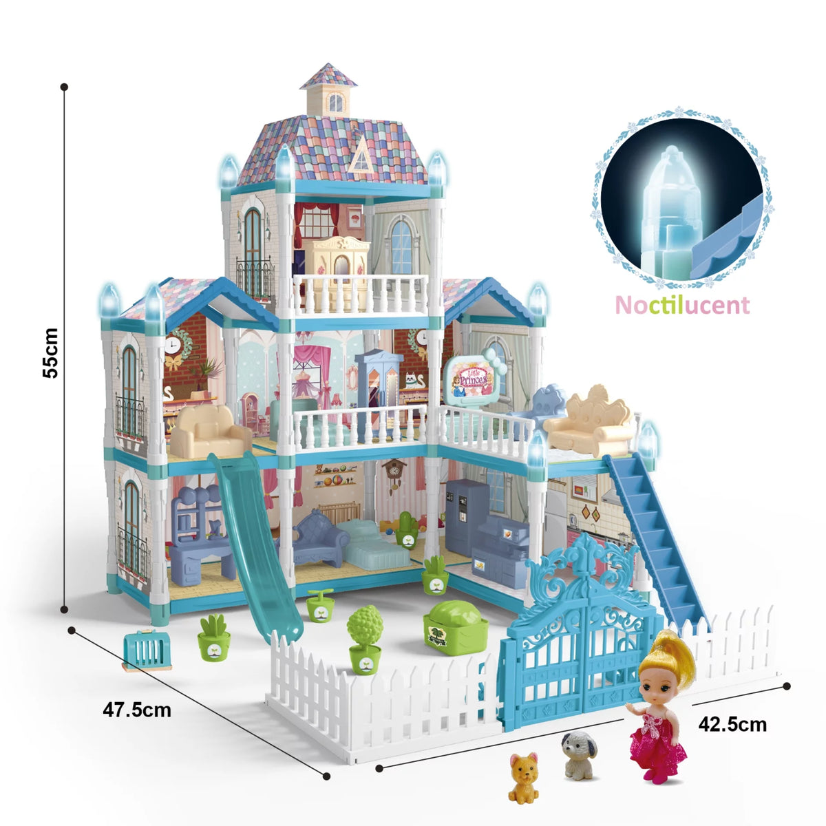 8 Room Dollhouse Play Set with Slide Doll and Furniture Accessories, 191 Pcs F870