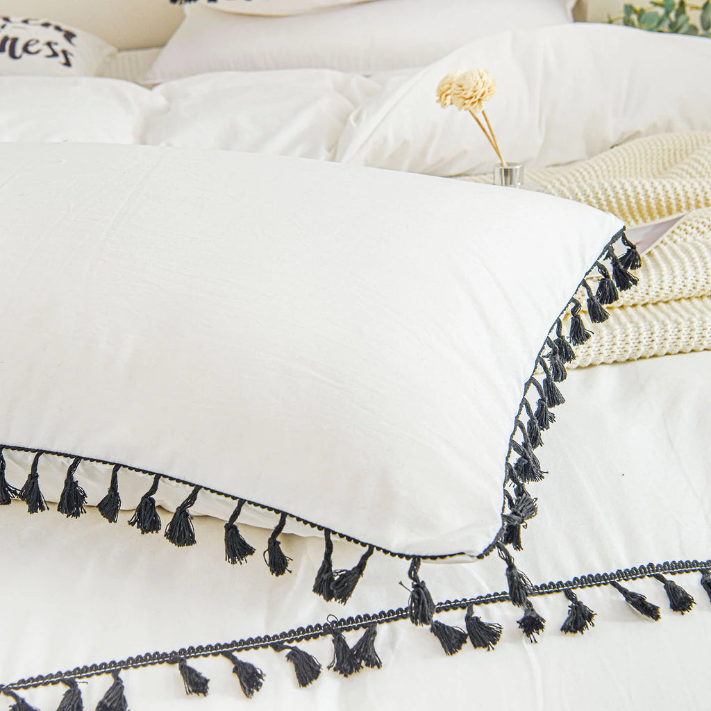 White Black Tassel King Duvet Cover Set P816773
