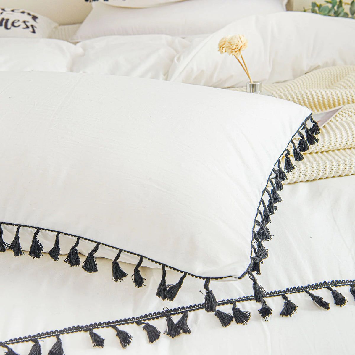 White Black Tassel King Duvet Cover Set P816773